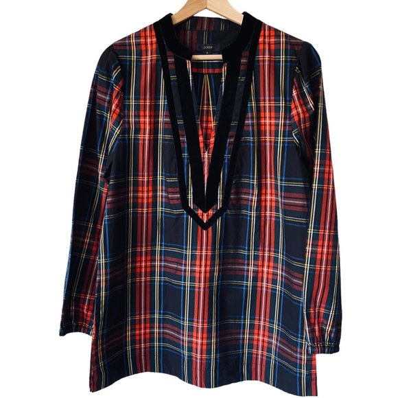 J.Crew Velvet Trimmed V Neck Tunic Size Sm Black Stewart Tartenl Crisp Popover - Picture 1 of 16